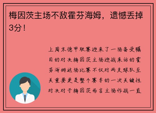 梅因茨主场不敌霍芬海姆，遗憾丢掉3分！